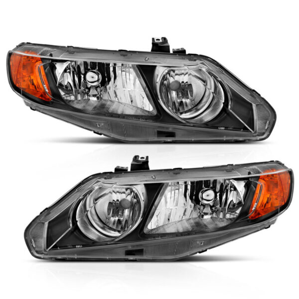 2006-2011 Honda Civic 4 Door Crystal Headlight Black Amber (OE Replacement)