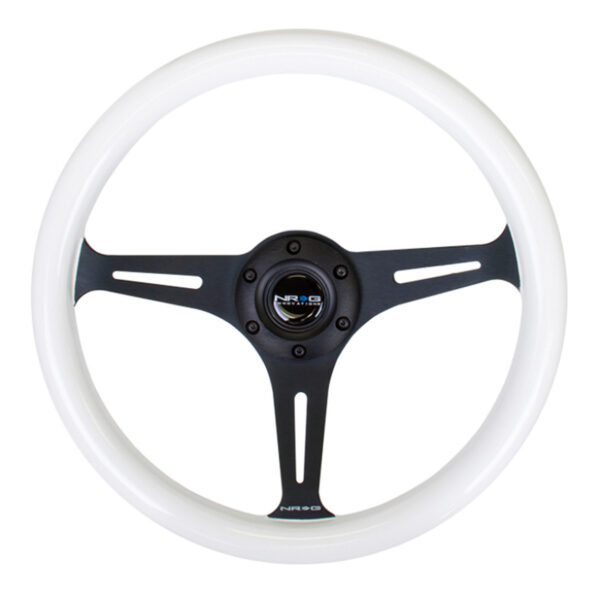 NRG Classic Wood Grain Steering Wheel (350mm) Glow-N-The-Dark Green Grip w/Black 3-Spoke Center